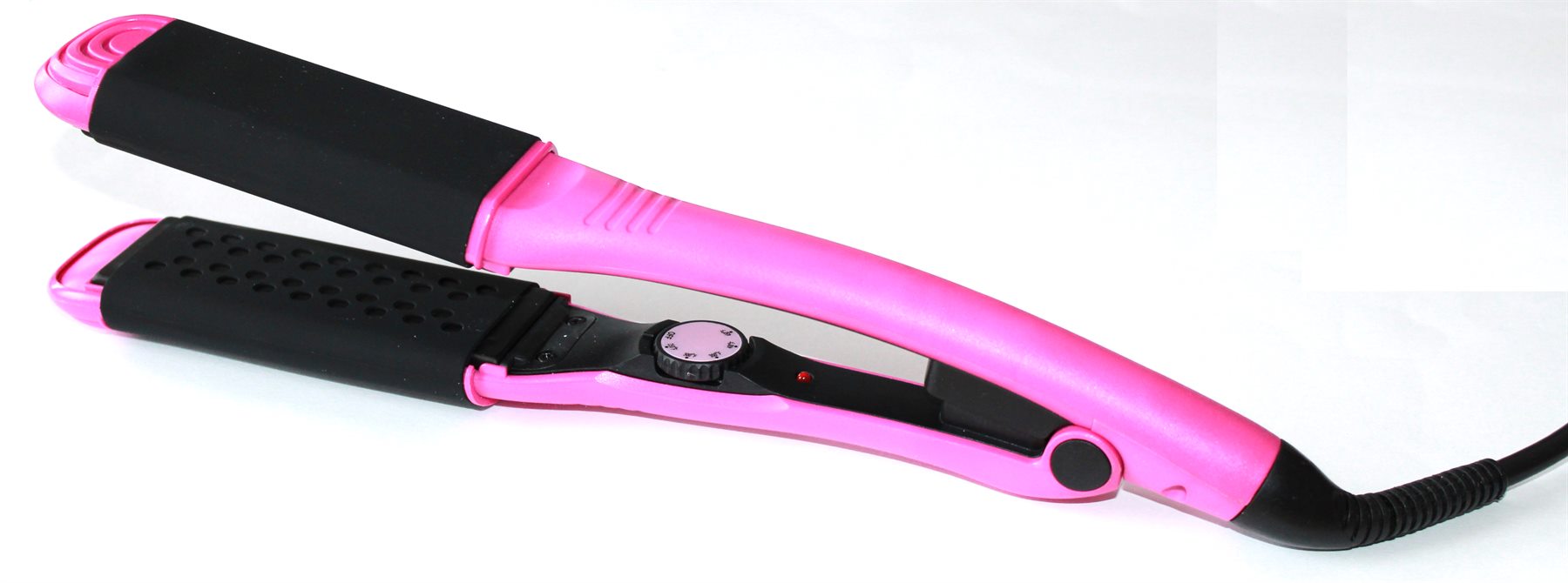 Pink Steam Magic Styling Iron with black silicone-wrapped plates, open